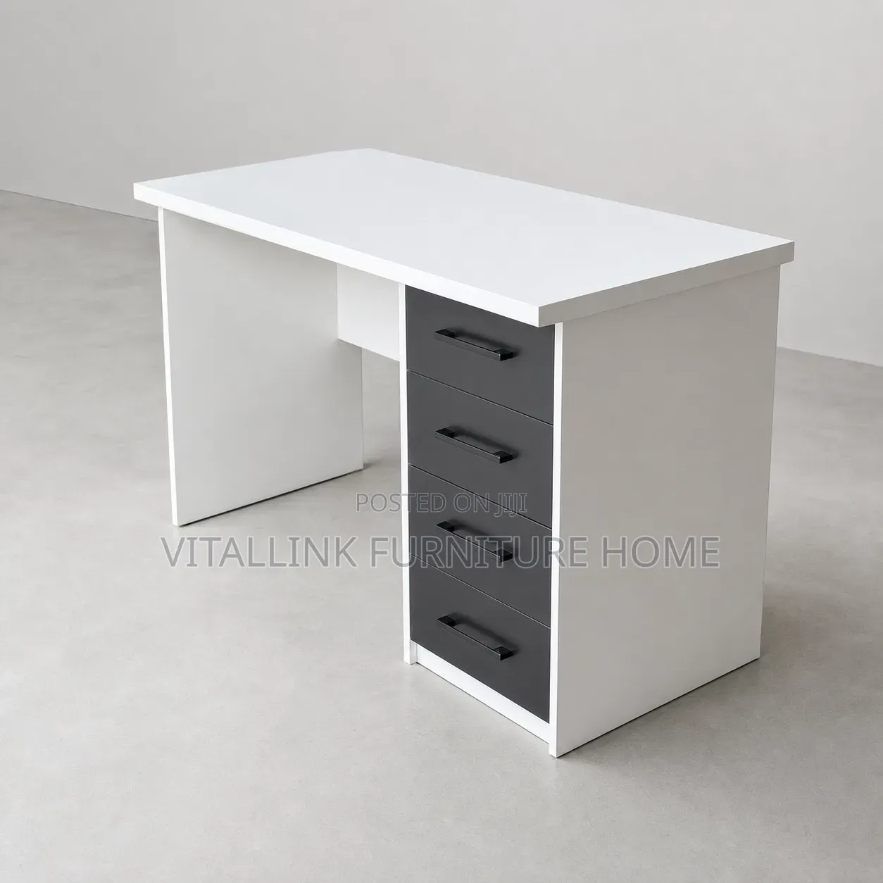 Modern White Office Desk With 4-Drawer Storage Cabinet