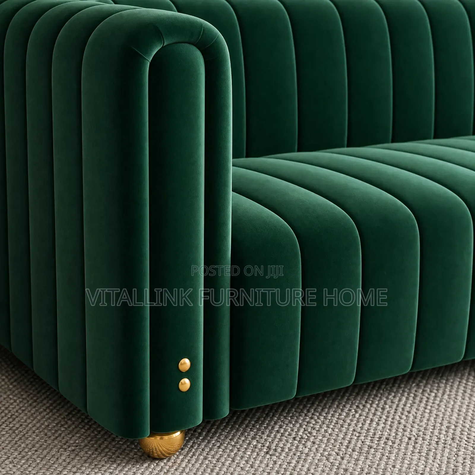 Luxury Emerald Green Velvet Sofa With Channel Tufting Gold Feet