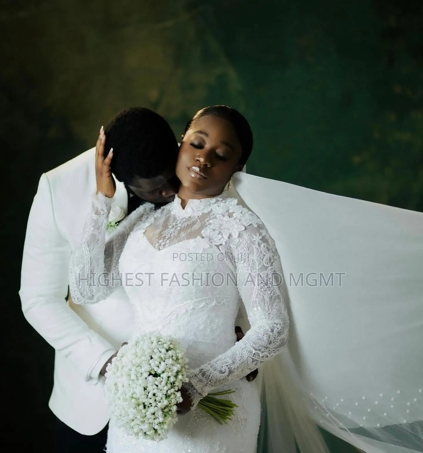 White Lace Gown and Tailored White Tuxedo