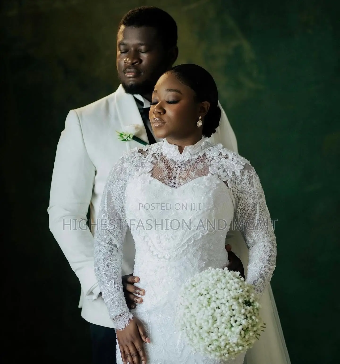 White Lace Gown and Tailored White Tuxedo