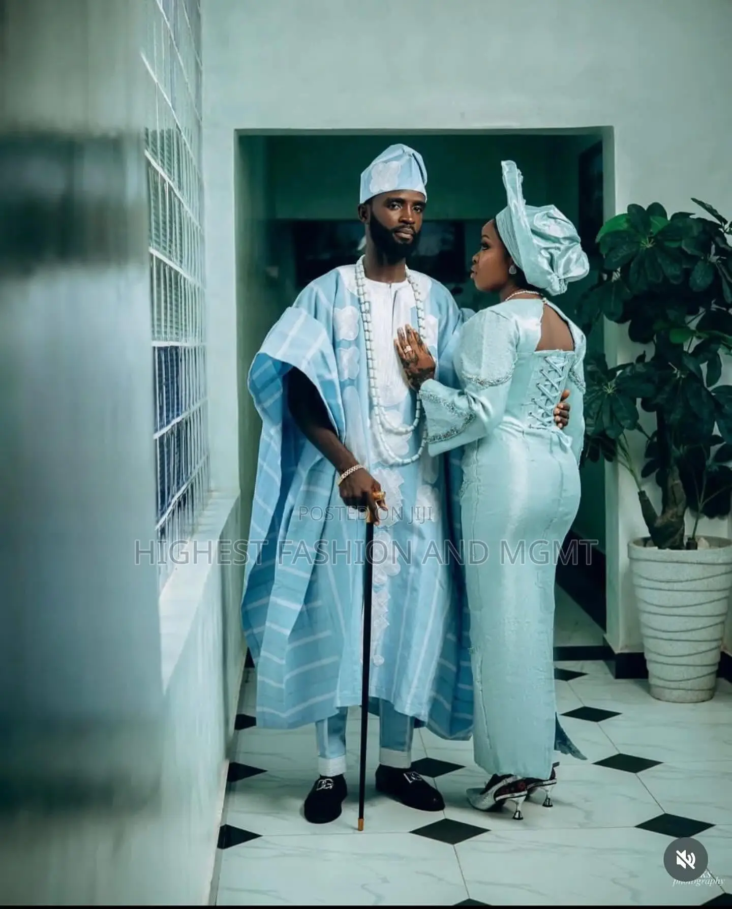 Sky Blue Lace Gown Striped Blue-and-White Agbada Set