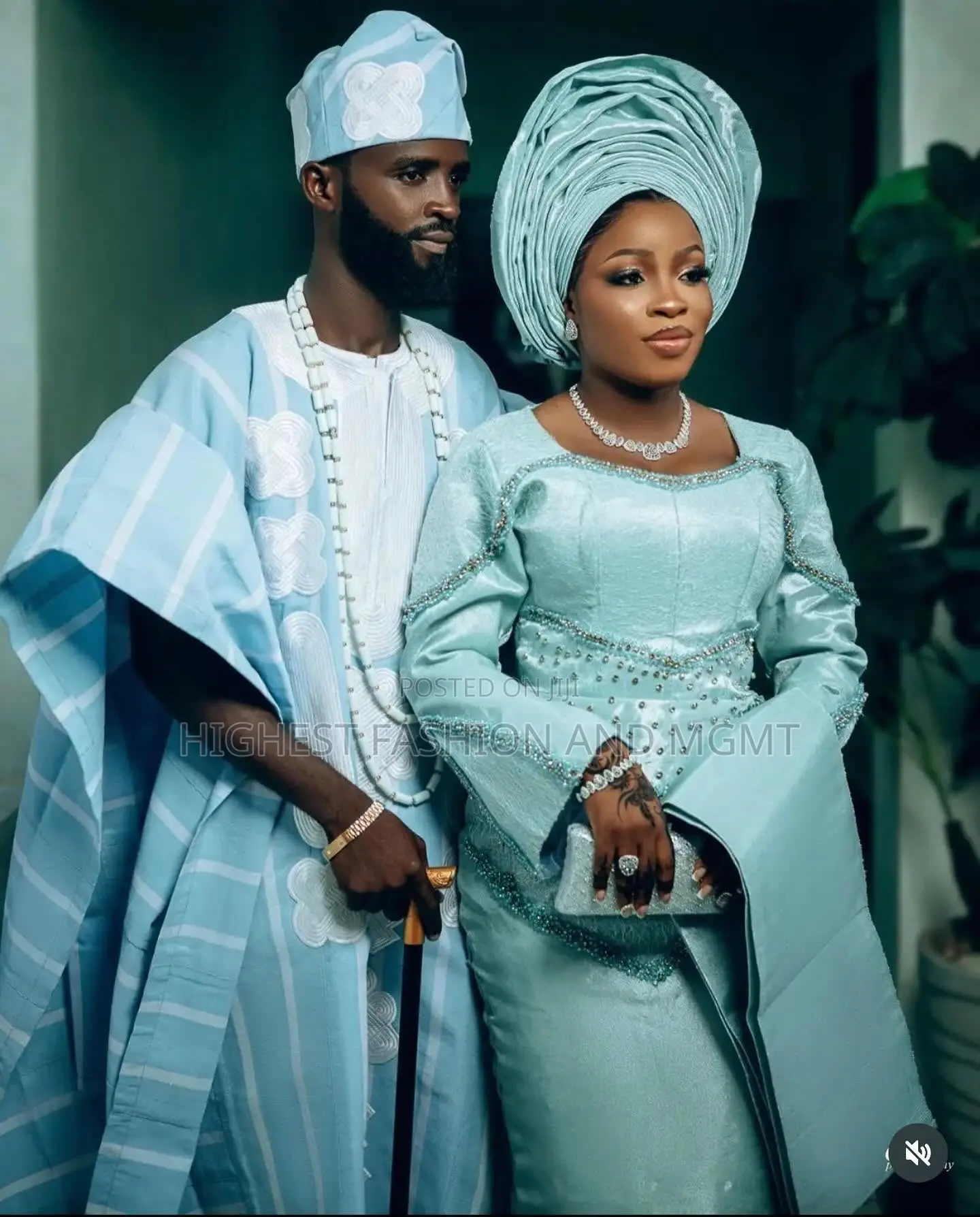 Sky Blue Lace Gown Striped Blue-and-White Agbada Set