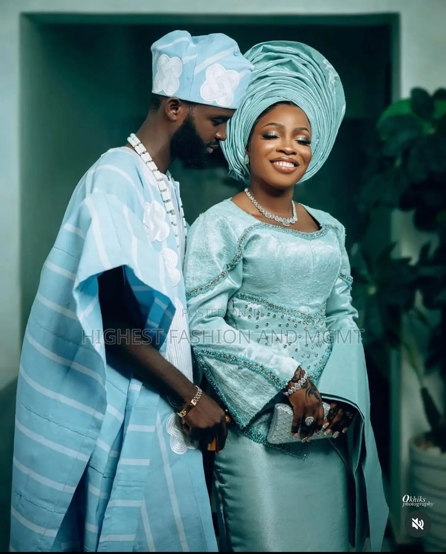 Sky Blue Lace Gown Striped Blue-and-White Agbada Set