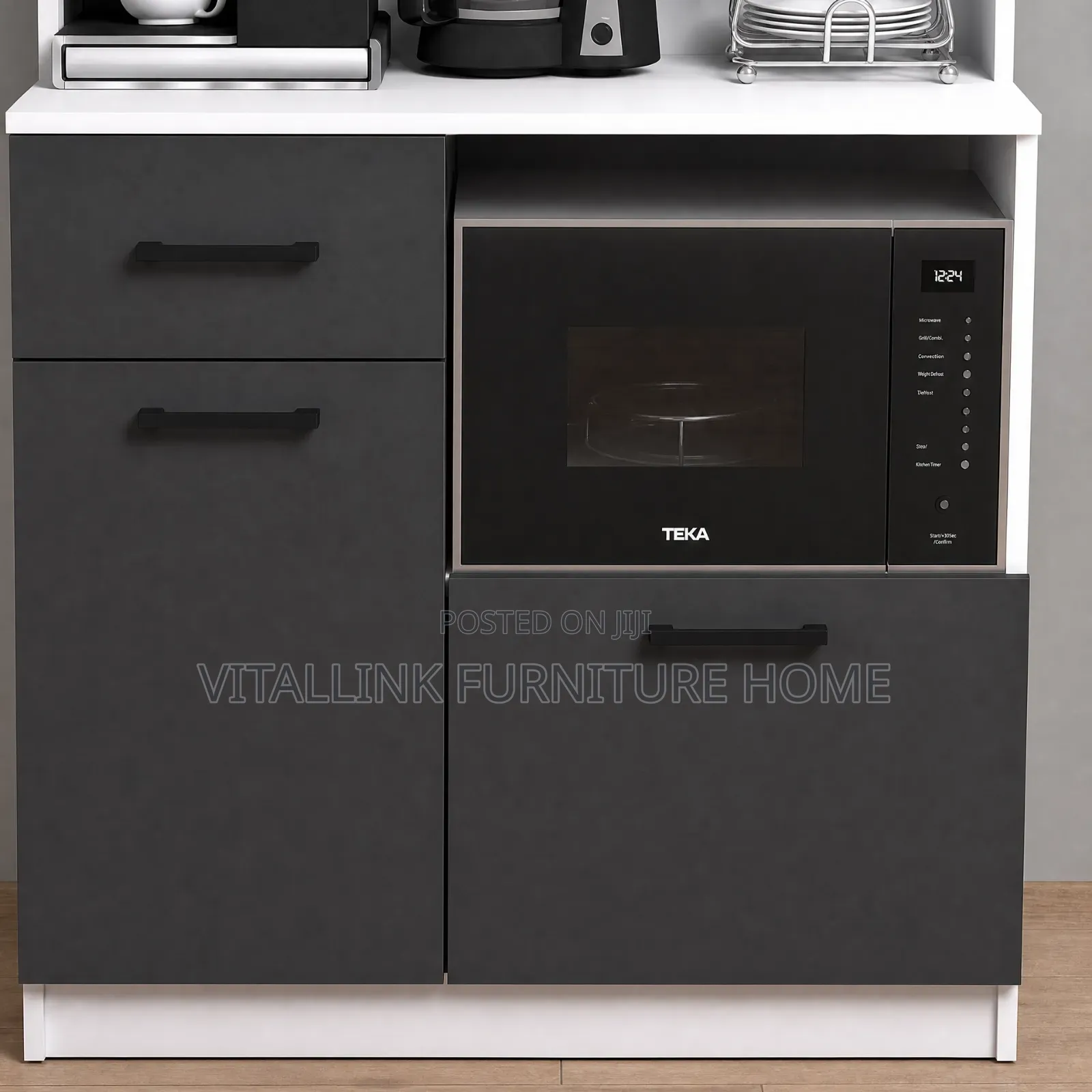 Modern Kitchen Pantry Cabinet With Microwave Niche Drawers