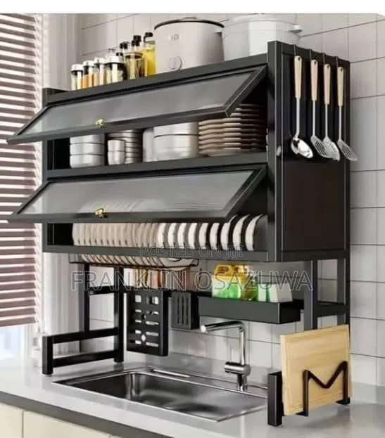 2-Tier 95cm Kitchen Dish Drying Rack With Cover Utensil Holder