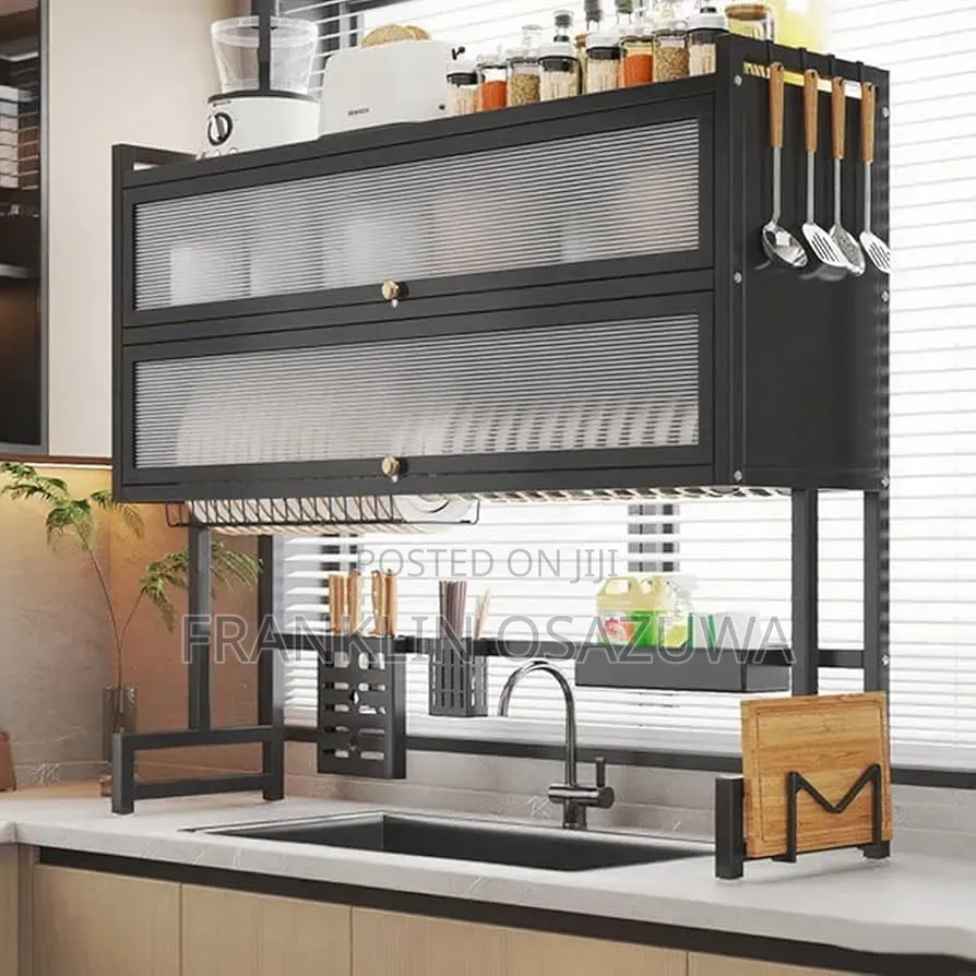 2-Tier 95cm Kitchen Dish Drying Rack With Cover Utensil Holder