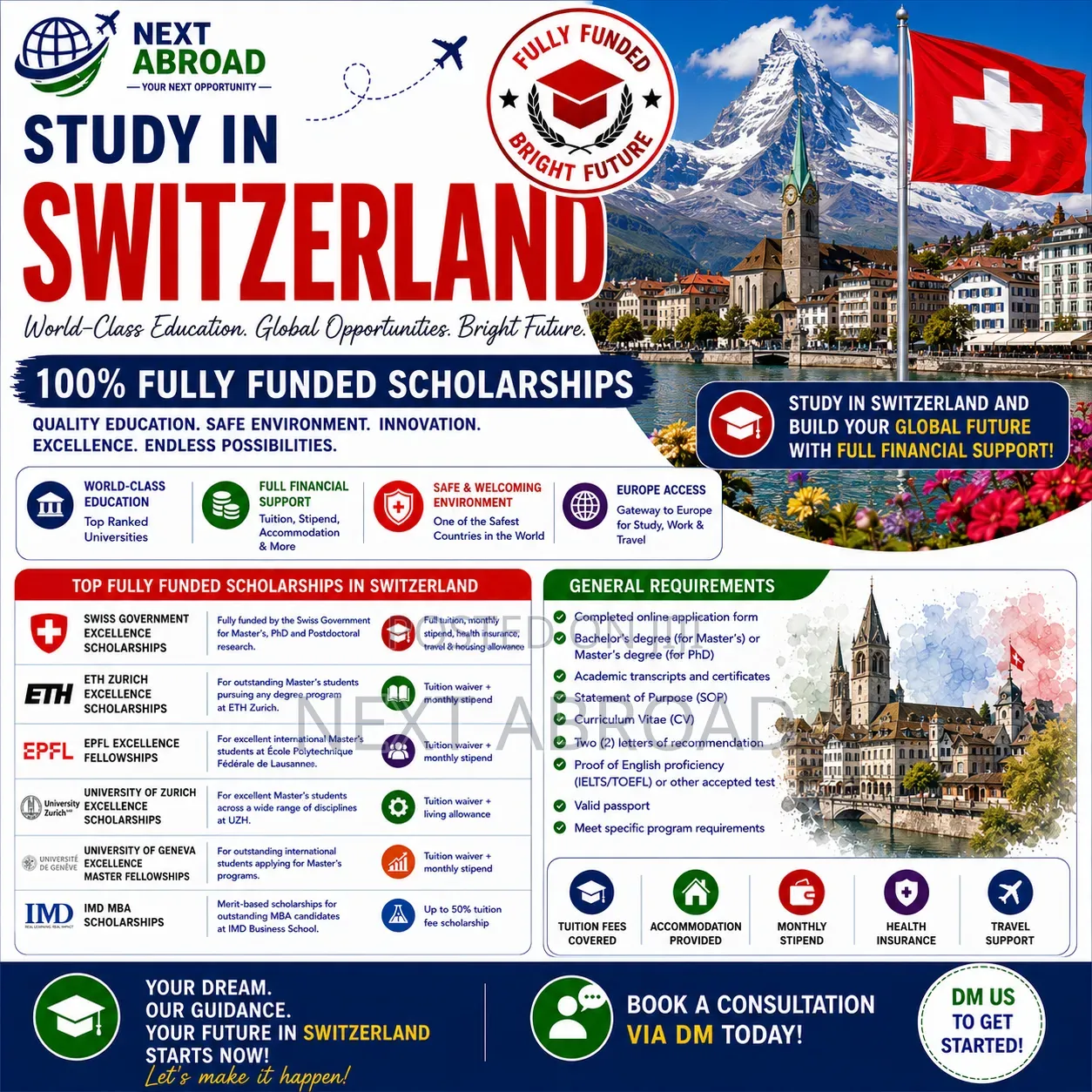 Study in Switzerland 100% Fully Funded Scholarships Opportunities