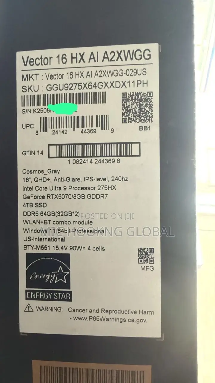 New Laptop MSI Vector 16 HX AI A2XWIG 64GB Intel Core Ultra 9 SSD 4T