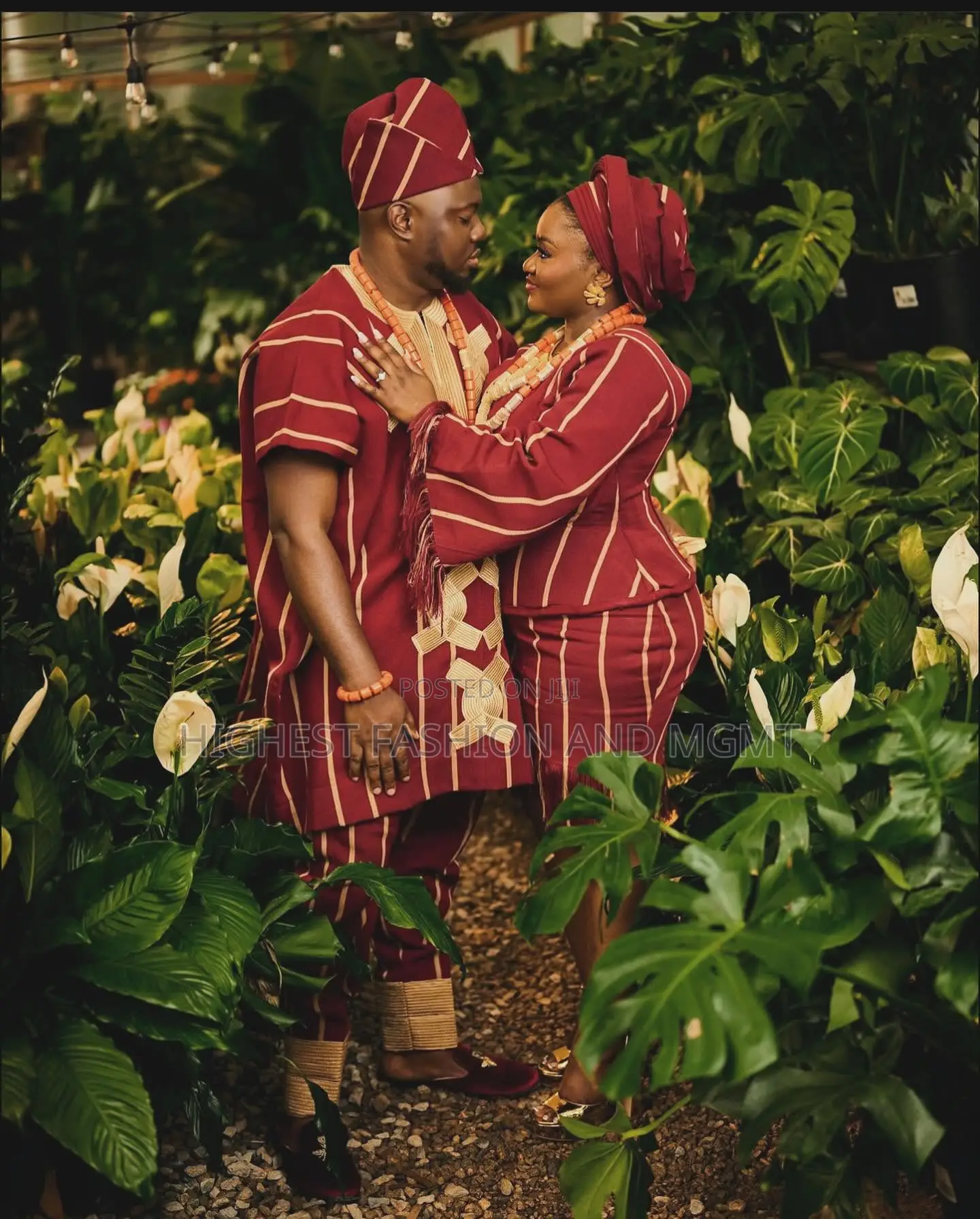 Crimson Tan Striped Peplum Set Matching Striped Embroidered Agbada