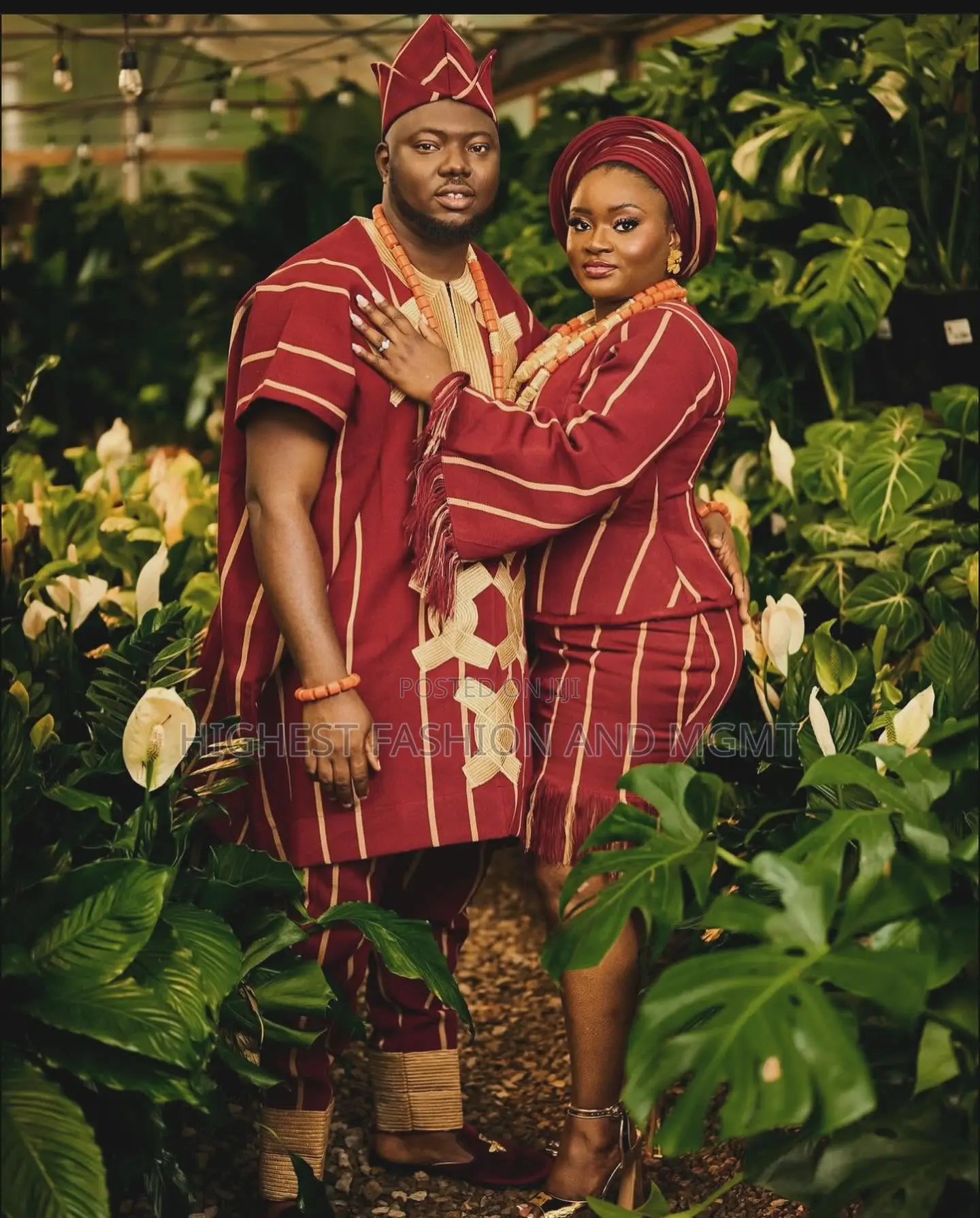 Crimson Tan Striped Peplum Set Matching Striped Embroidered Agbada