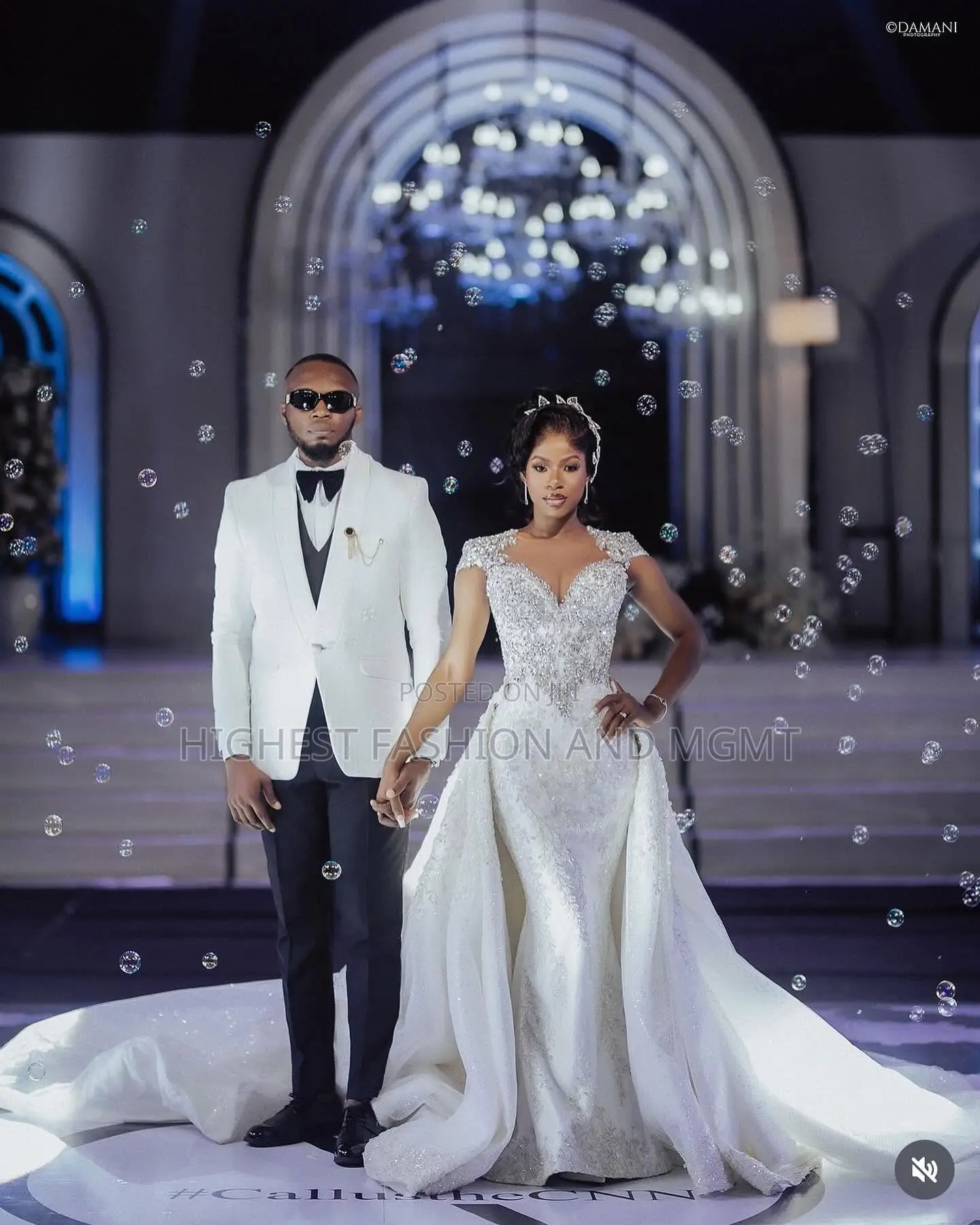 Fit-and-Flare Gown With Detachable Overskirt White Tuxedo Suit