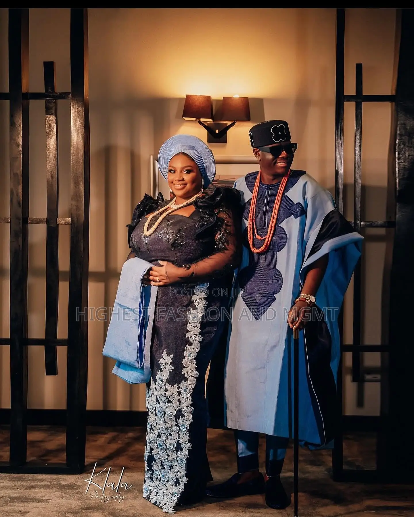 Midnight-Blue Embroidered Gown With Train Matching Azure Agbada Set