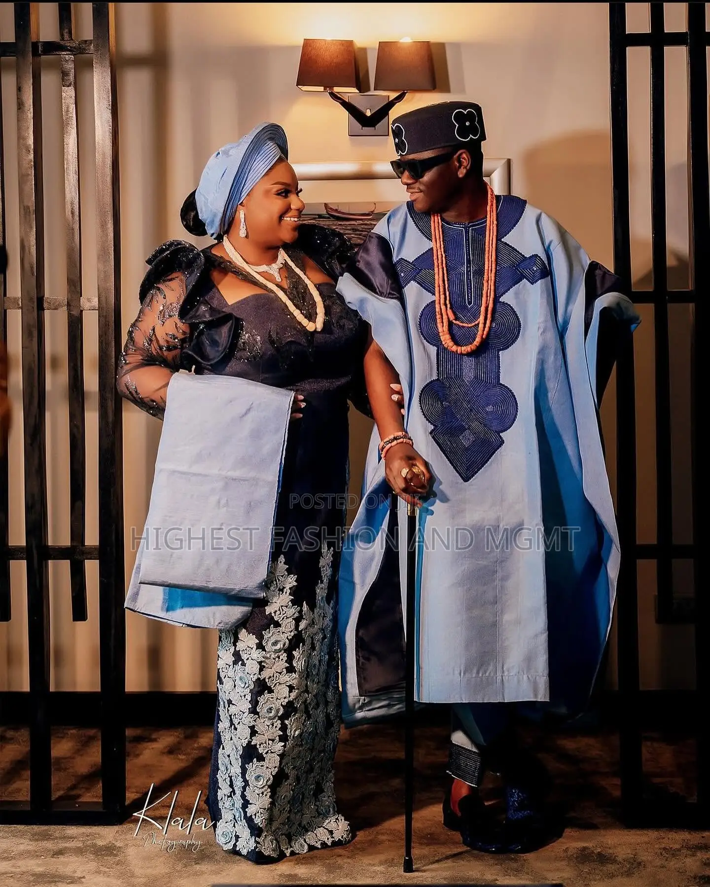 Midnight-Blue Embroidered Gown With Train Matching Azure Agbada Set