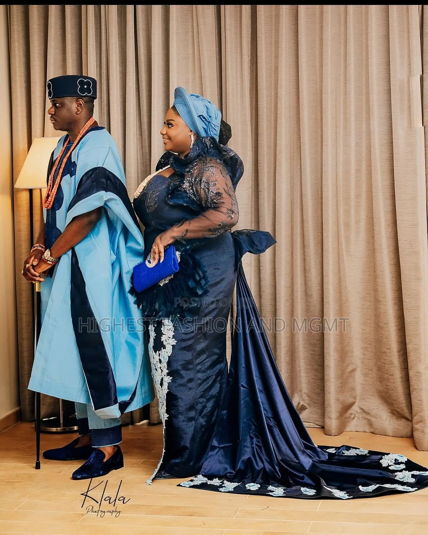 Midnight-Blue Embroidered Gown With Train Matching Azure Agbada Set