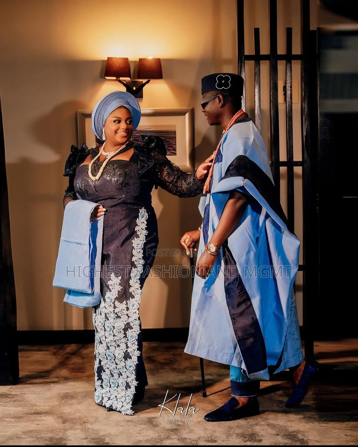 Midnight-Blue Embroidered Gown With Train Matching Azure Agbada Set