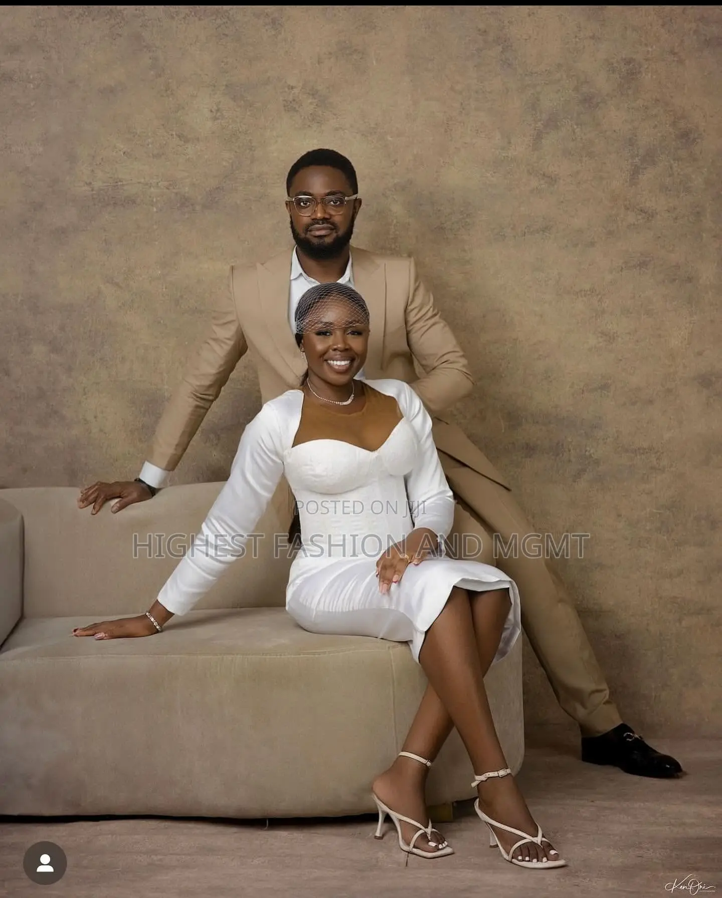 White Corset Midi Dress With Birdcage Veil Tailored Champagne Suit