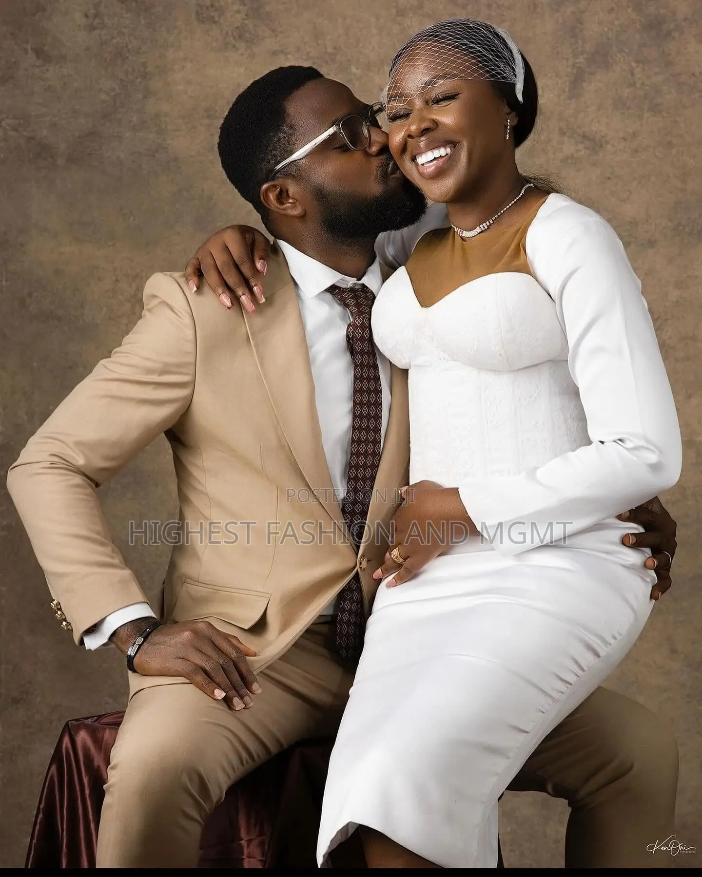 White Corset Midi Dress With Birdcage Veil Tailored Champagne Suit
