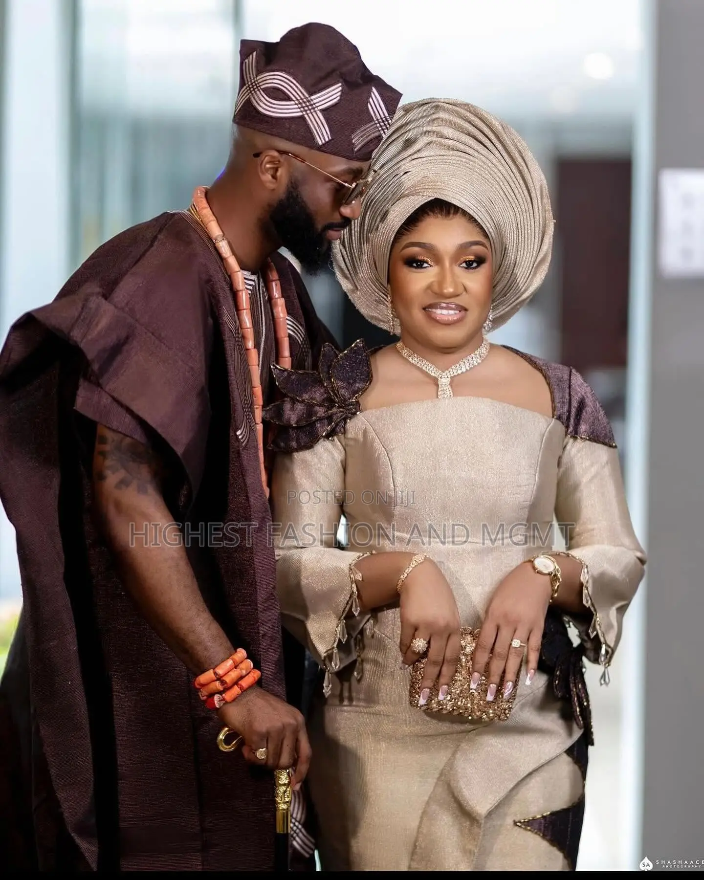Champagne Silk Gown With Panel Detailing Espresso Embroidered Agbada