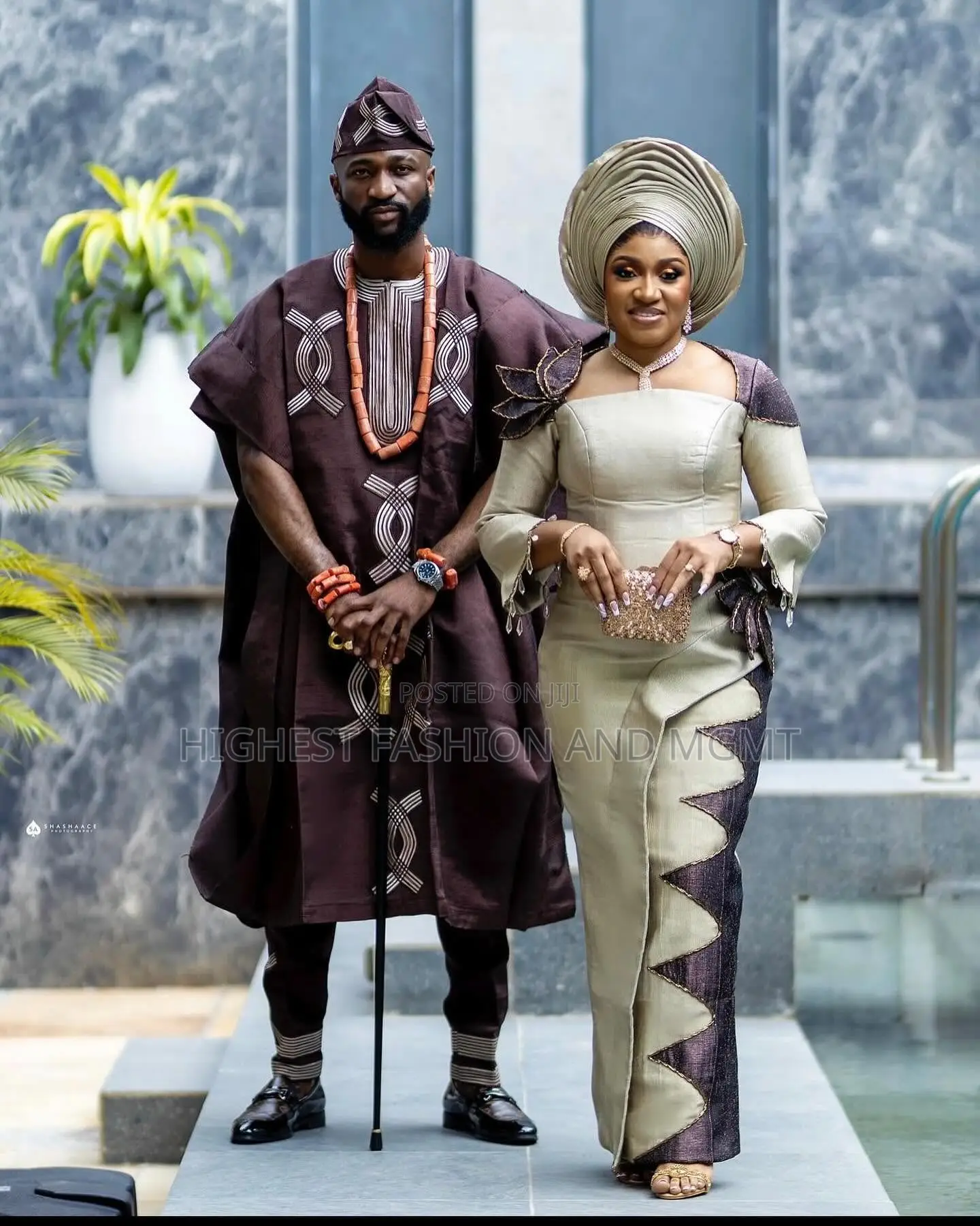 Champagne Silk Gown With Panel Detailing Espresso Embroidered Agbada