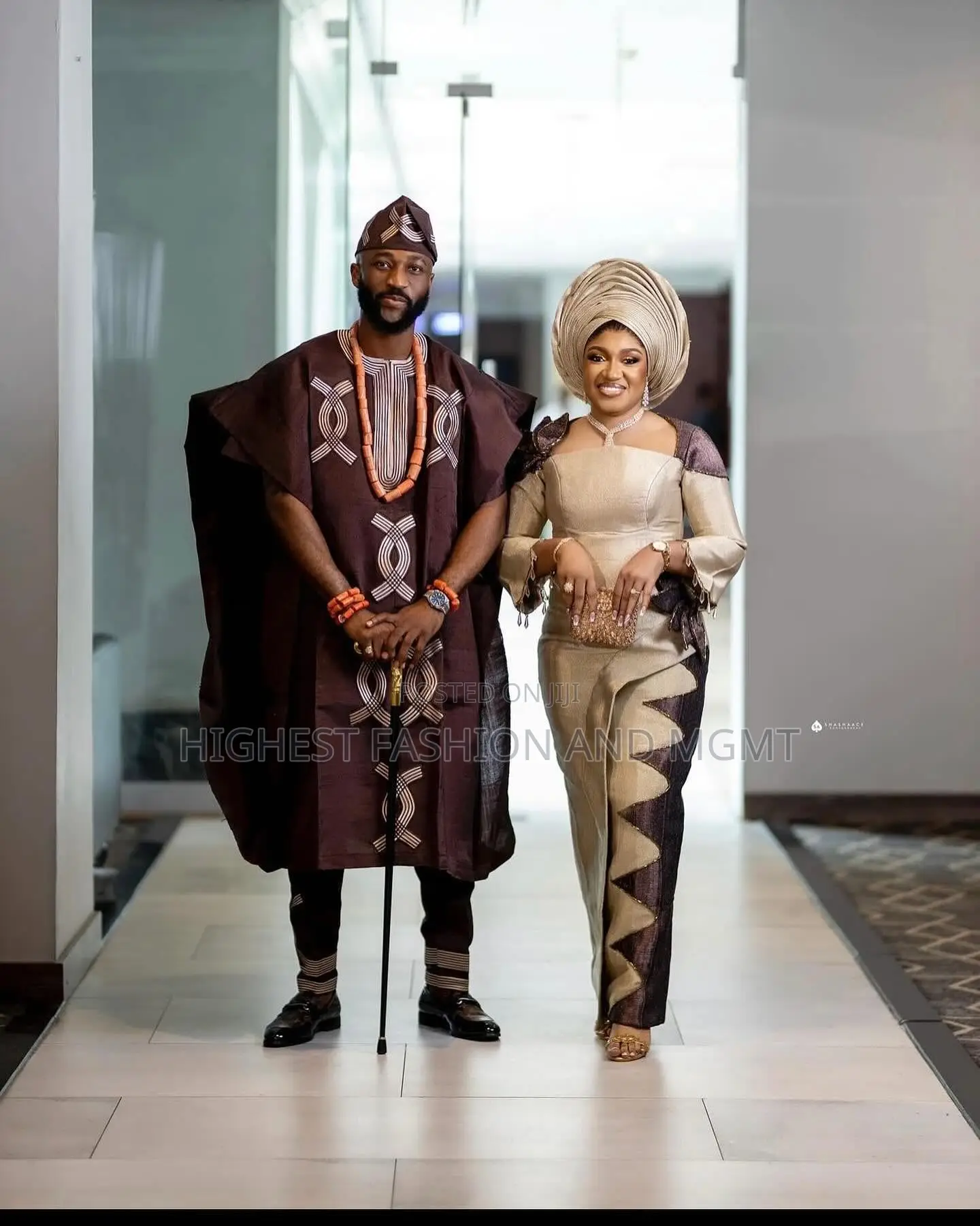 Champagne Silk Gown With Panel Detailing Espresso Embroidered Agbada