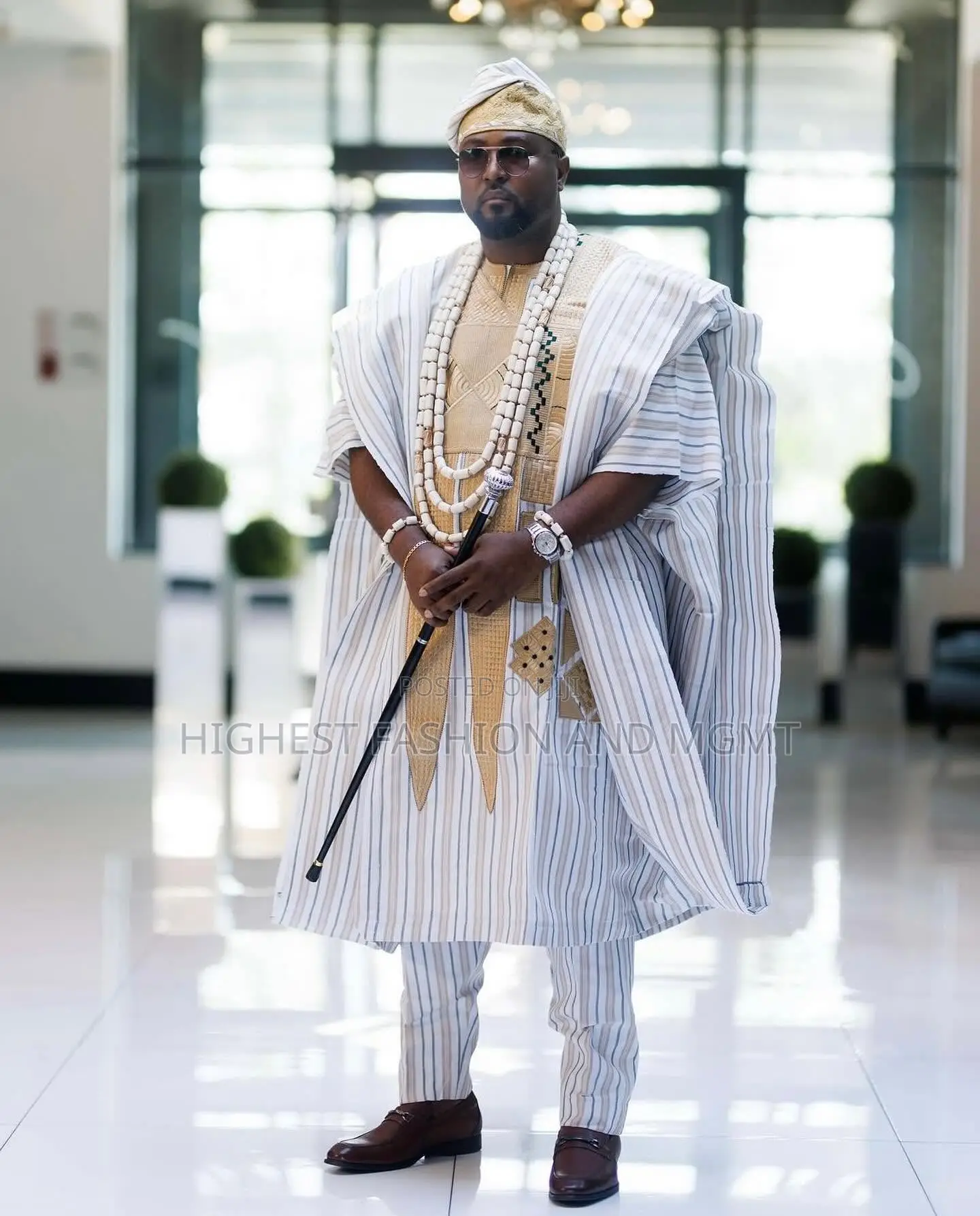 Embellished Gold Lace Gown Gold-Striped Agbada Set