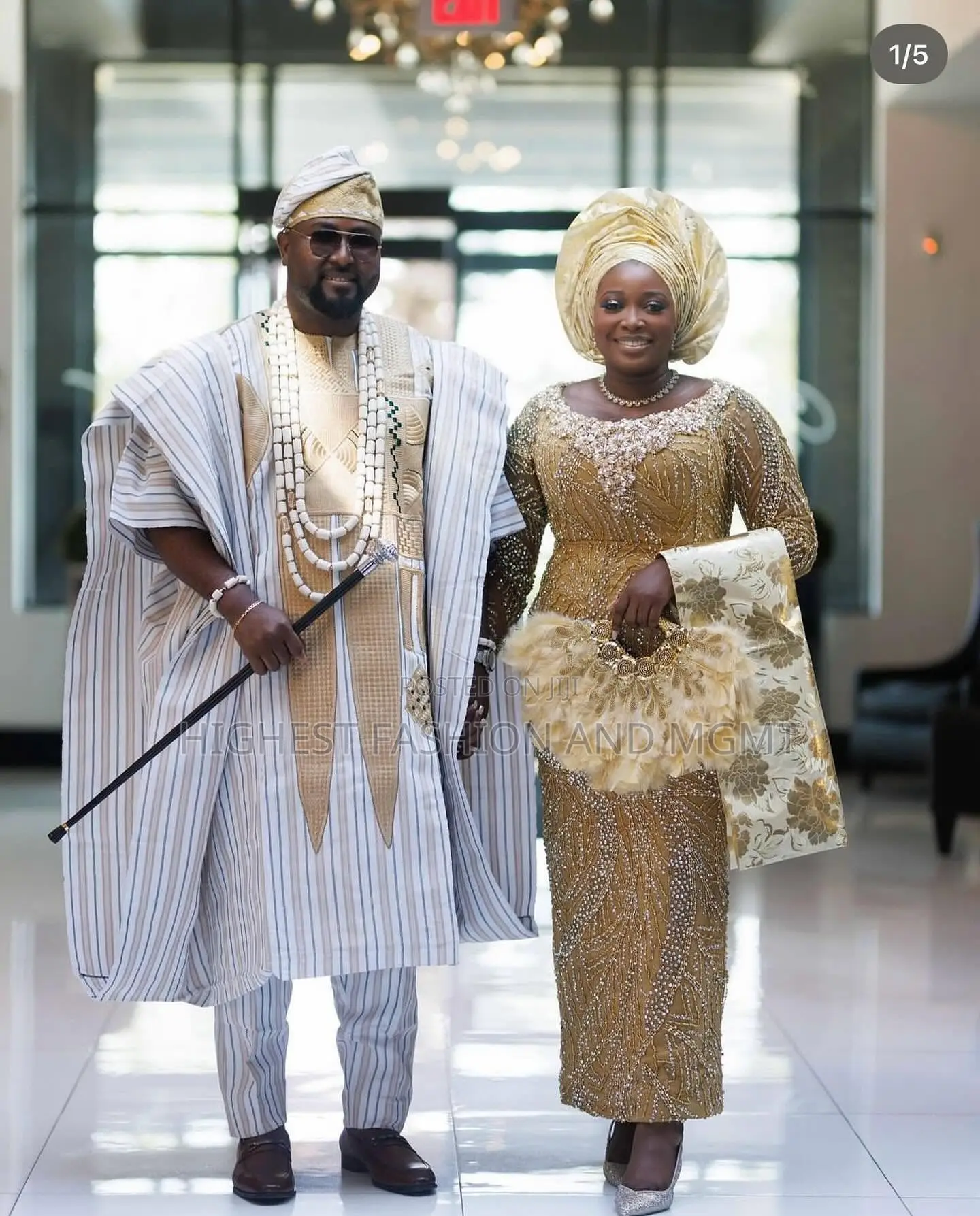 Embellished Gold Lace Gown Gold-Striped Agbada Set