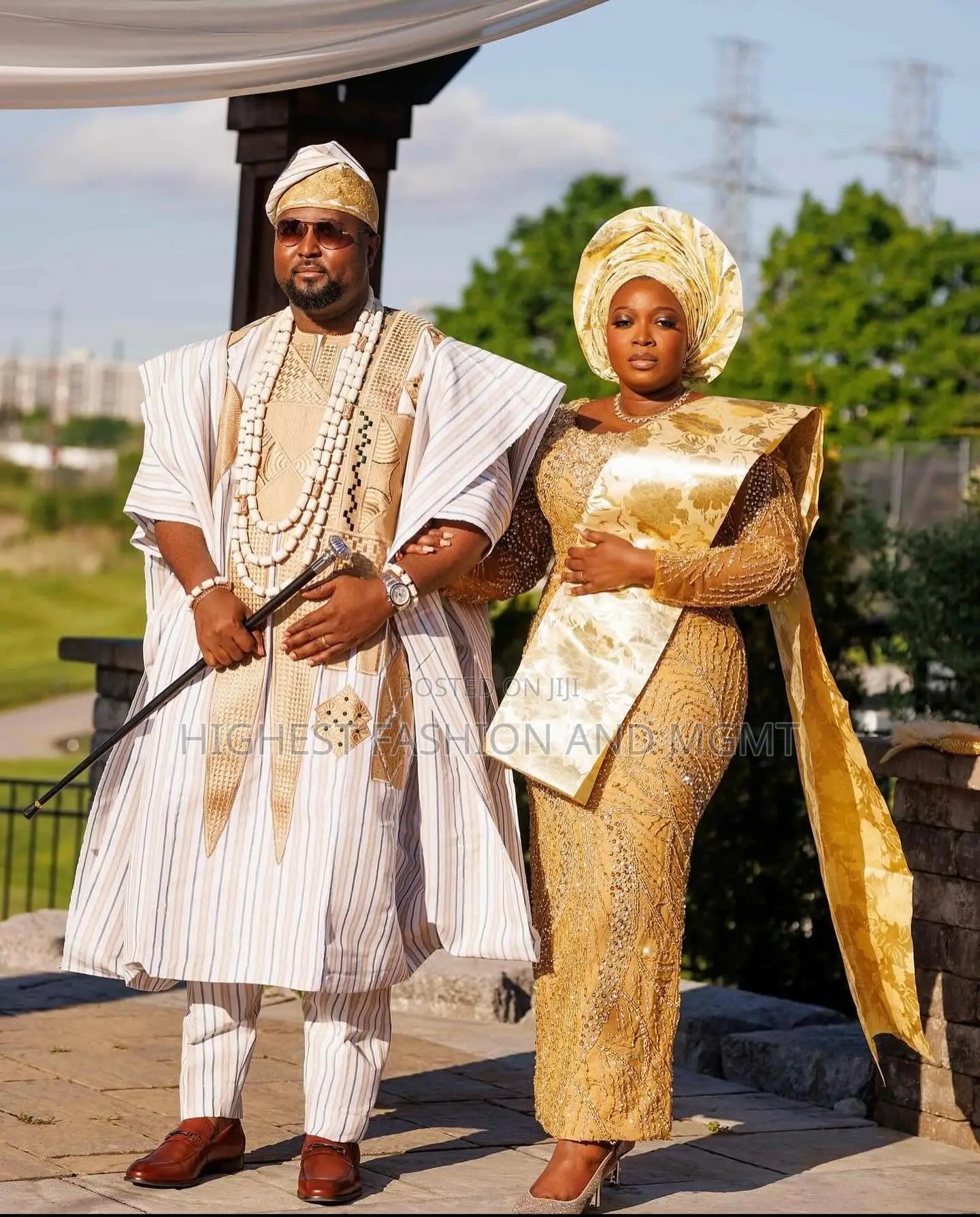 Embellished Gold Lace Gown Gold-Striped Agbada Set