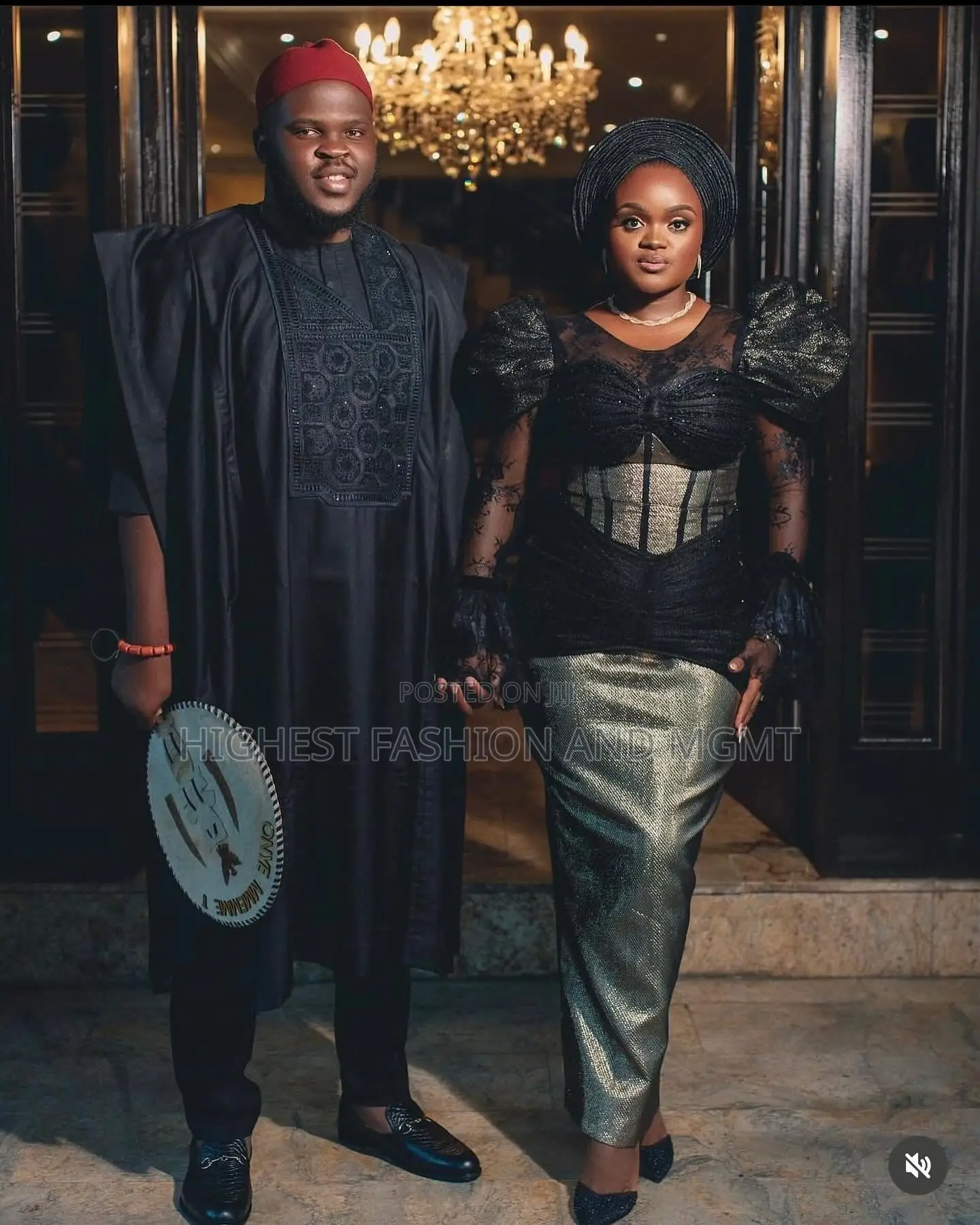 Black Puff-Sleeve Bodice With Skirt Black Embroidered Agbada