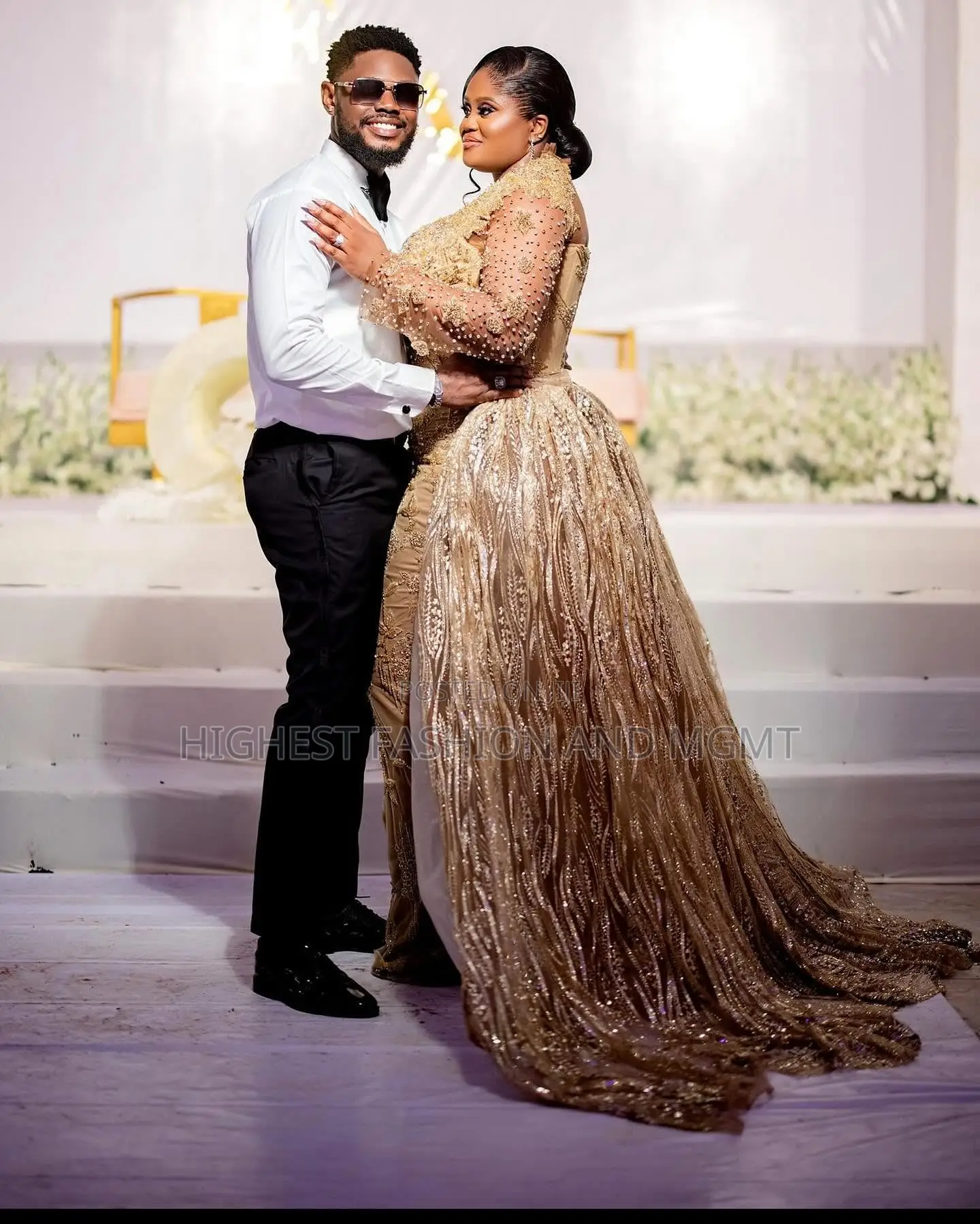 Beaded Gold Gown With Voluminous Overlay Sharp Black-Tie Formal Wear