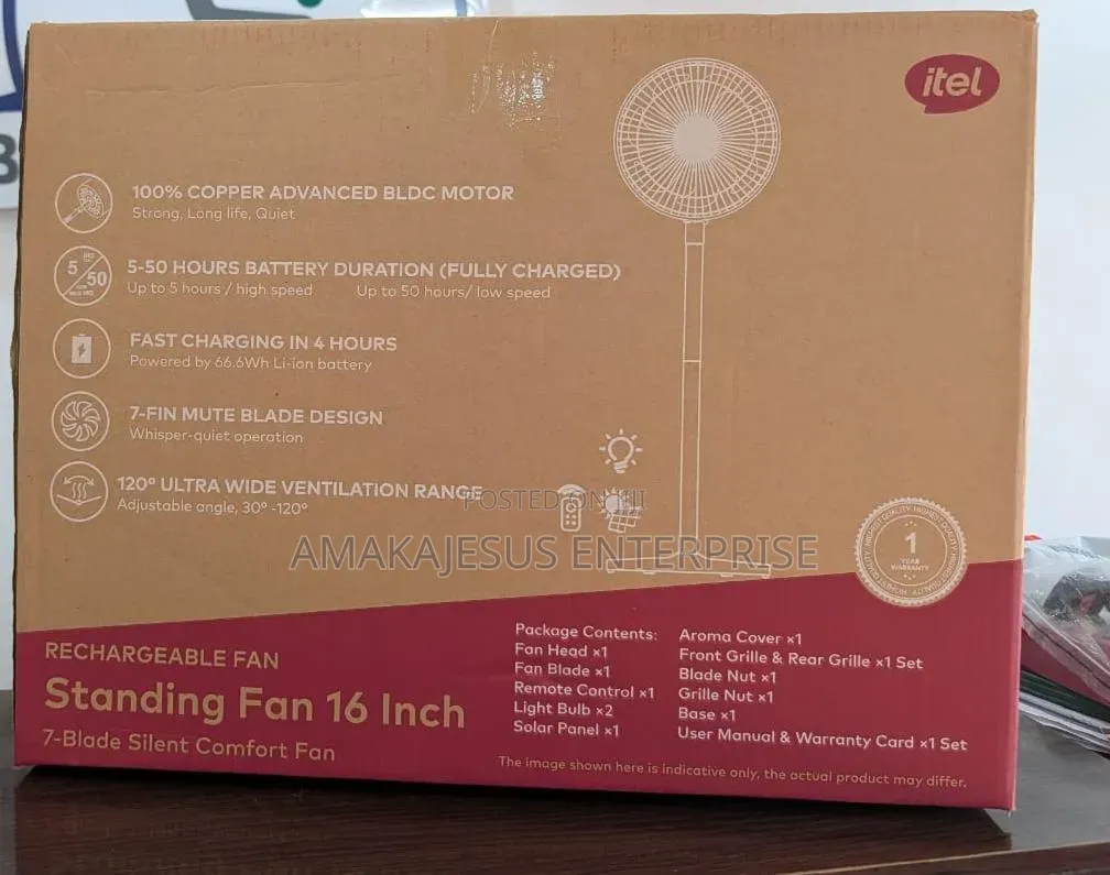 Itel 16 Inches Solar Rechargeable Fan With Remote, Solar Panel