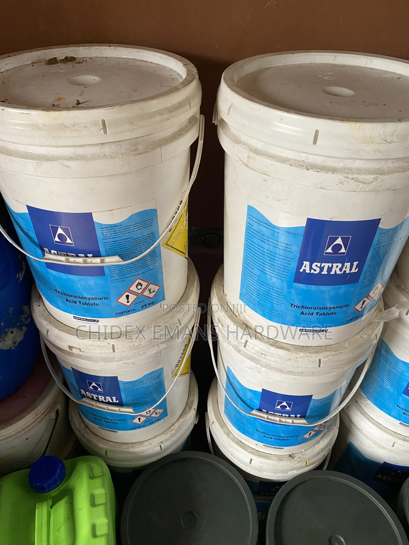 25kg Buckets of Astral Trichloroisocyanuric Acid Tablets.
