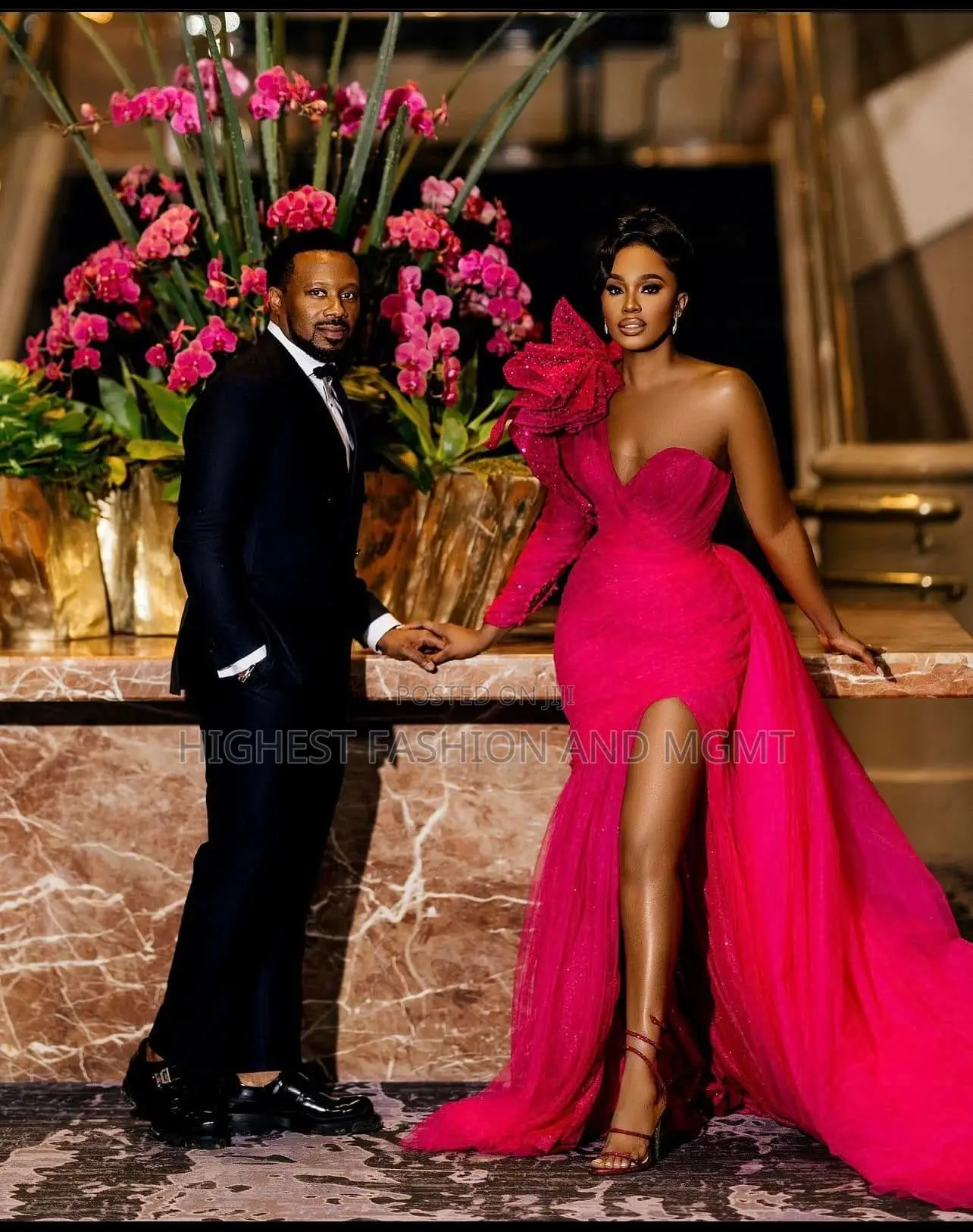 One-Shoulder Fuchsia Gown With Ruffles Black Formal Suit