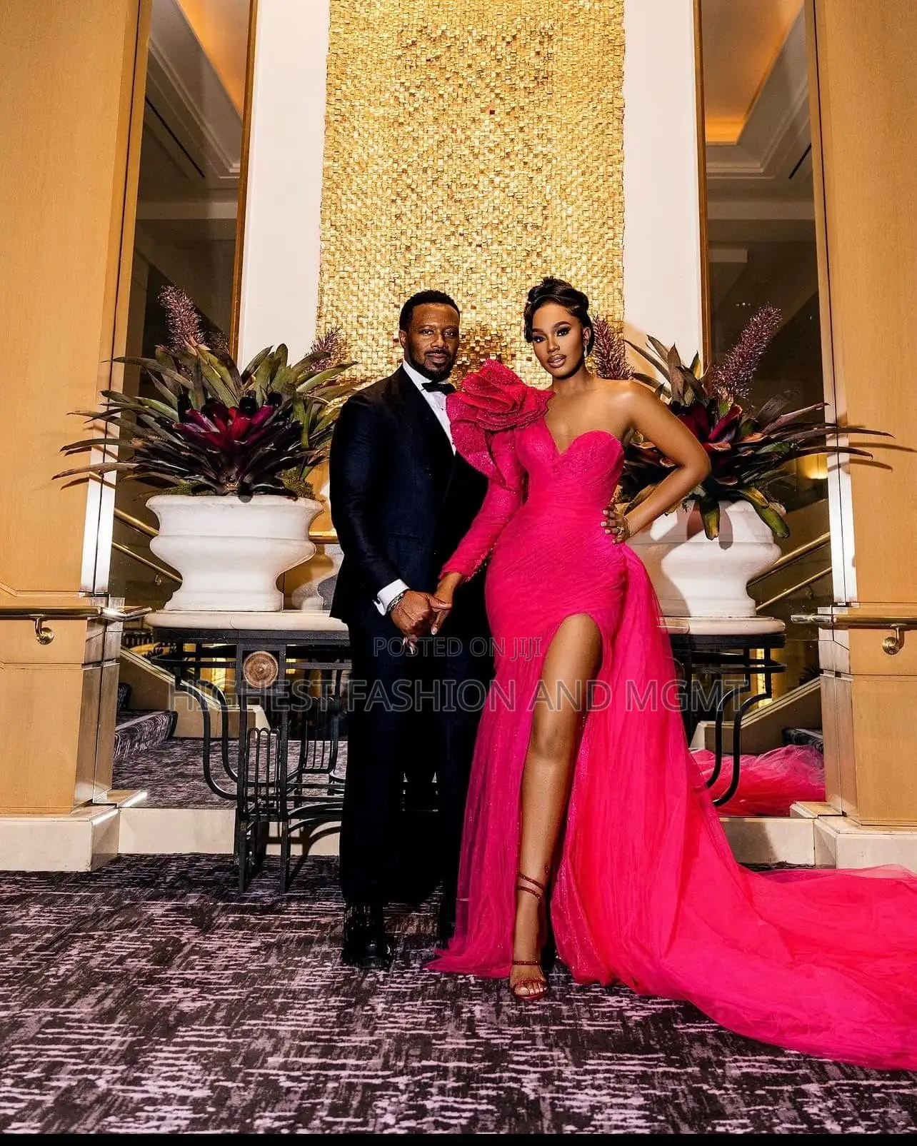 One-Shoulder Fuchsia Gown With Ruffles Black Formal Suit
