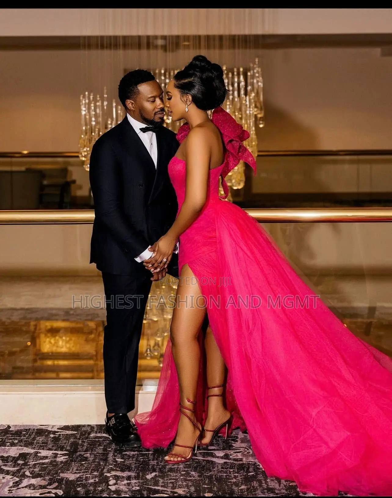 One-Shoulder Fuchsia Gown With Ruffles Black Formal Suit