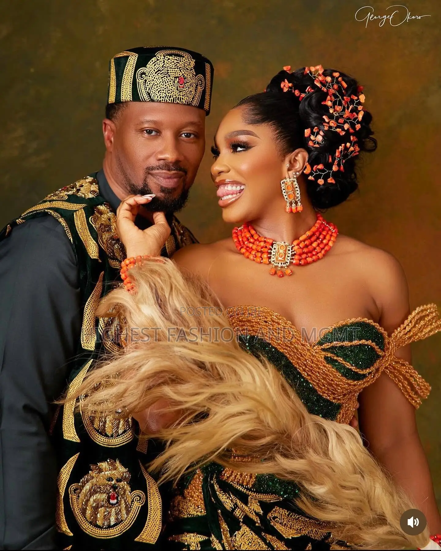 Beaded Lion-Motif Gown Embroidered Velvet Vest Set