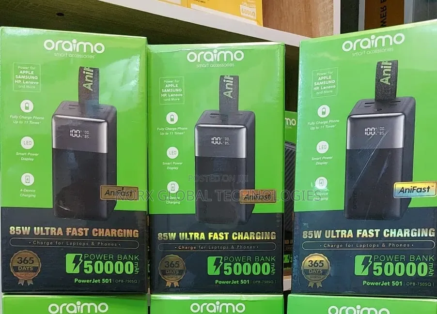 Oraimo 50000mah 85w 
Ultra Fast Charging 
Charges Laptops Gadget
