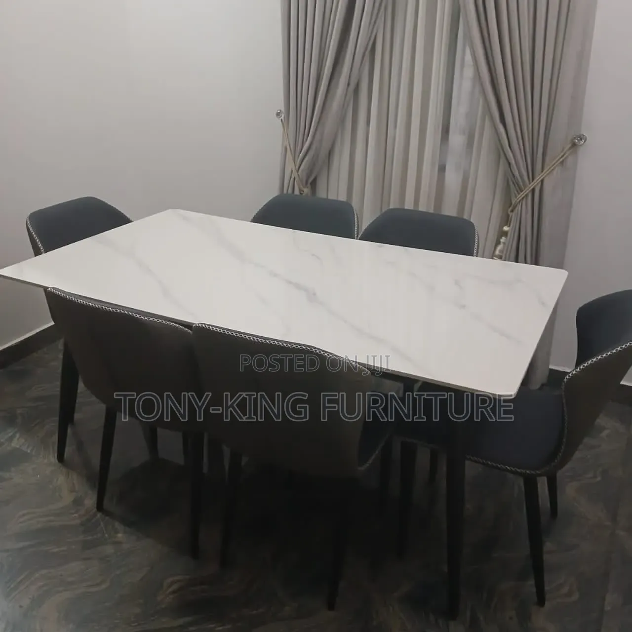Modern White Marble Set-Finish Table Top and Grey Padded Leather Seats