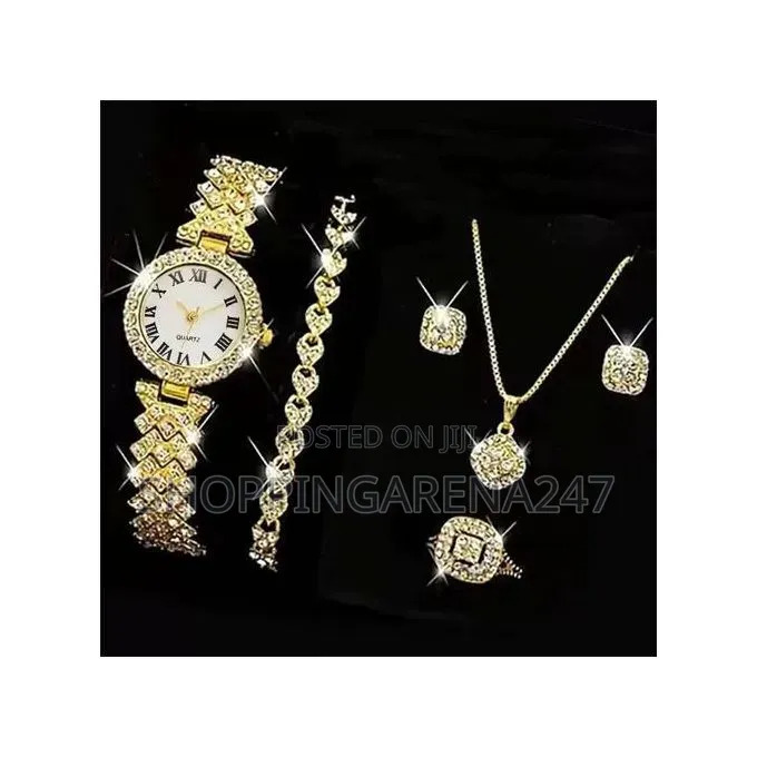 Women's Gold Watch,Ring,Necklace,Earrings ,Bracelet Jewelry Set