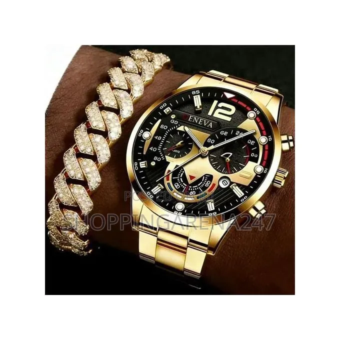 Men's Gold Wrist Watch Cuban Chain Set
