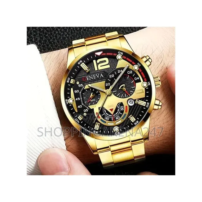 Men's Gold Wrist Watch Cuban Chain Set