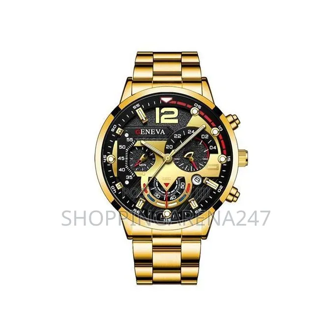 Men's Gold Wrist Watch Cuban Chain Set