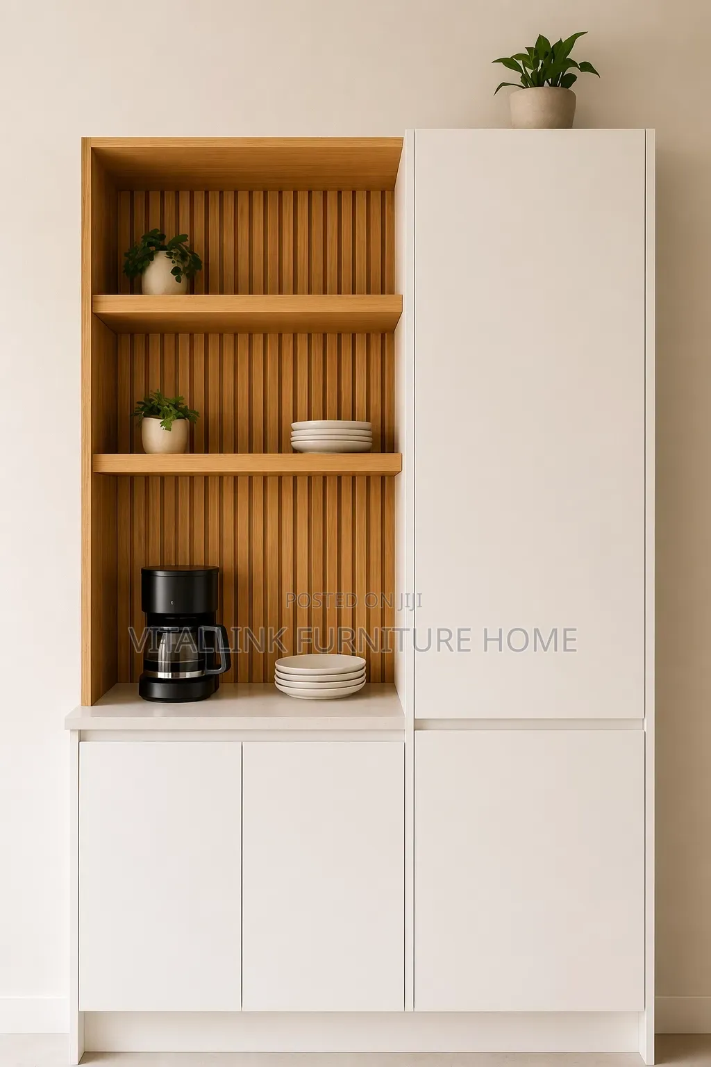 Modern White Fluted Coffee Bar, Kitchen Cabinet With Open Shelves