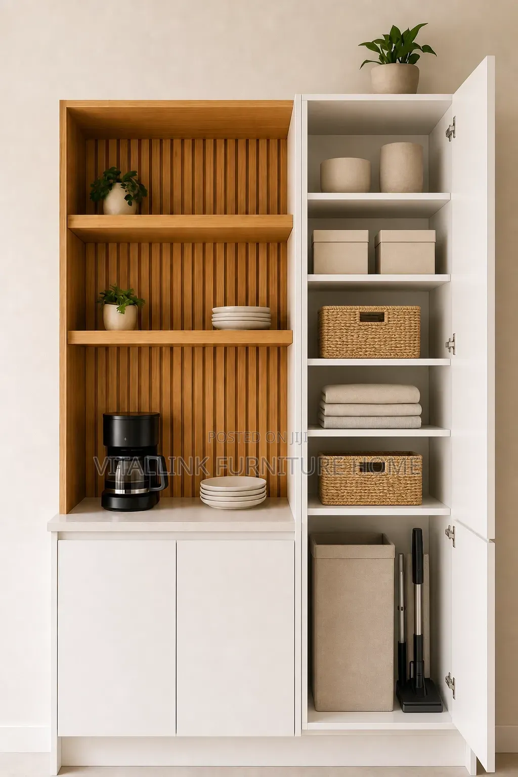 Modern White Fluted Coffee Bar, Kitchen Cabinet With Open Shelves