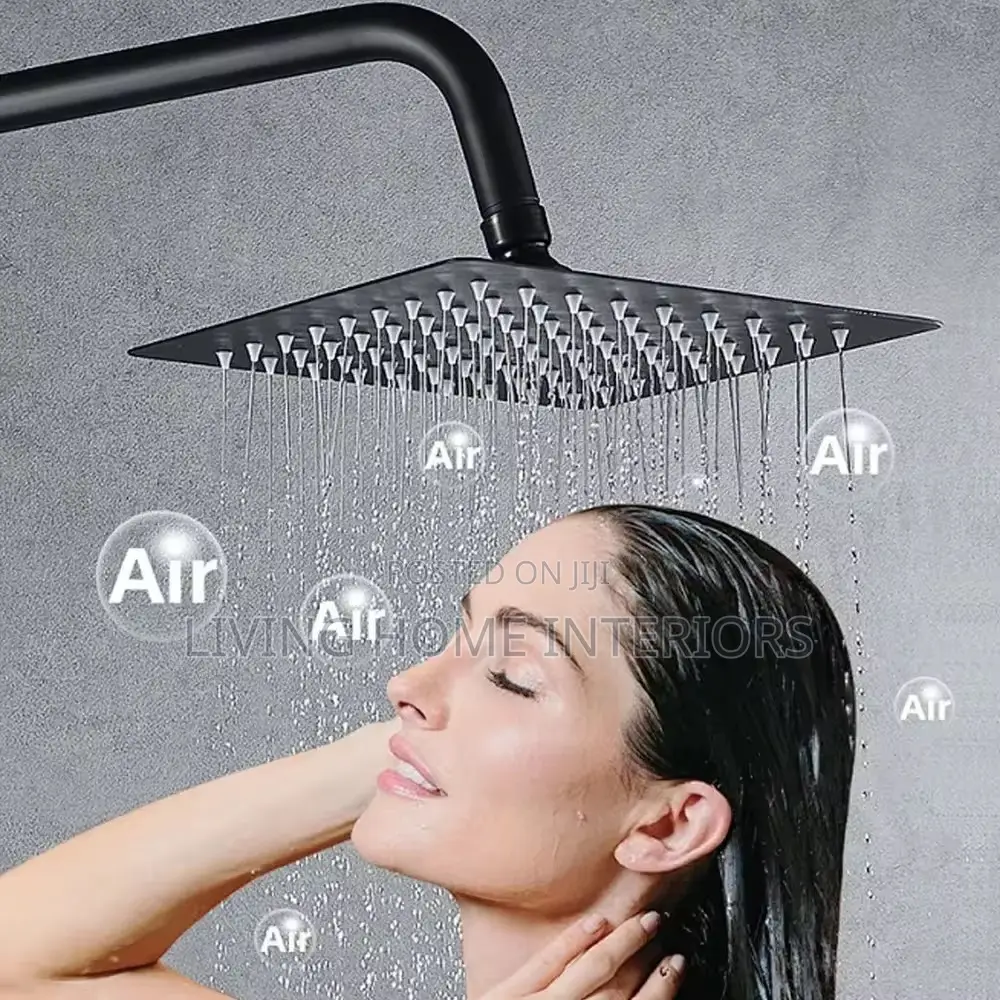 A 12 Inches Square Rainfall Shower Head With a Matte Black Finish