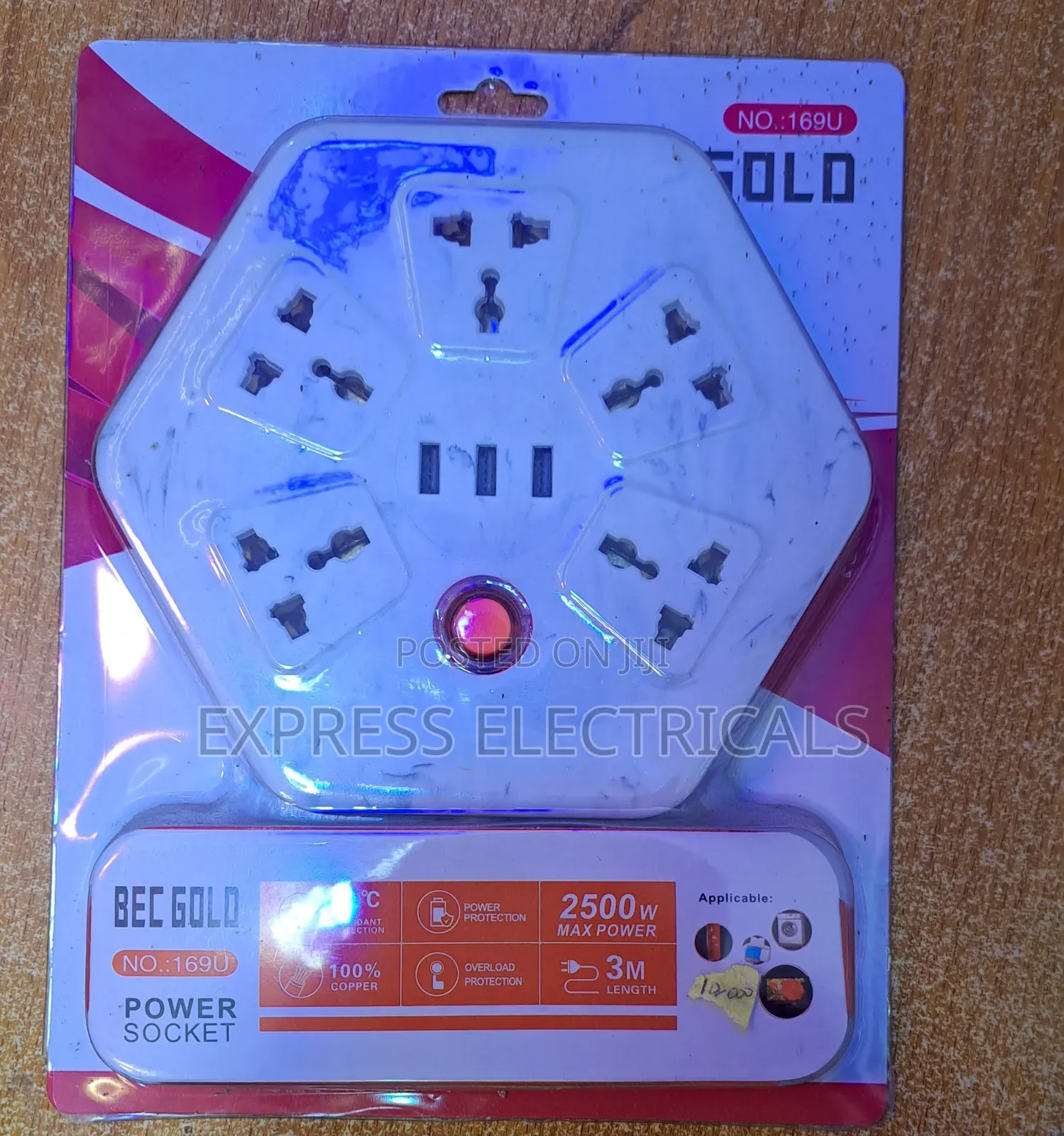 BEC GOLD Hexagon 5-Way Extension Socket +3 USB +3M Wire