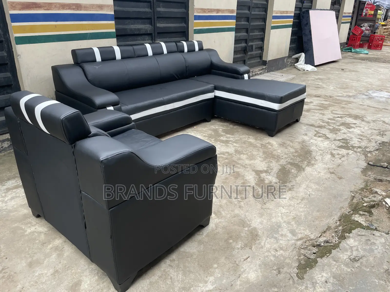Black Leather Sofa Lshap With Single Seater