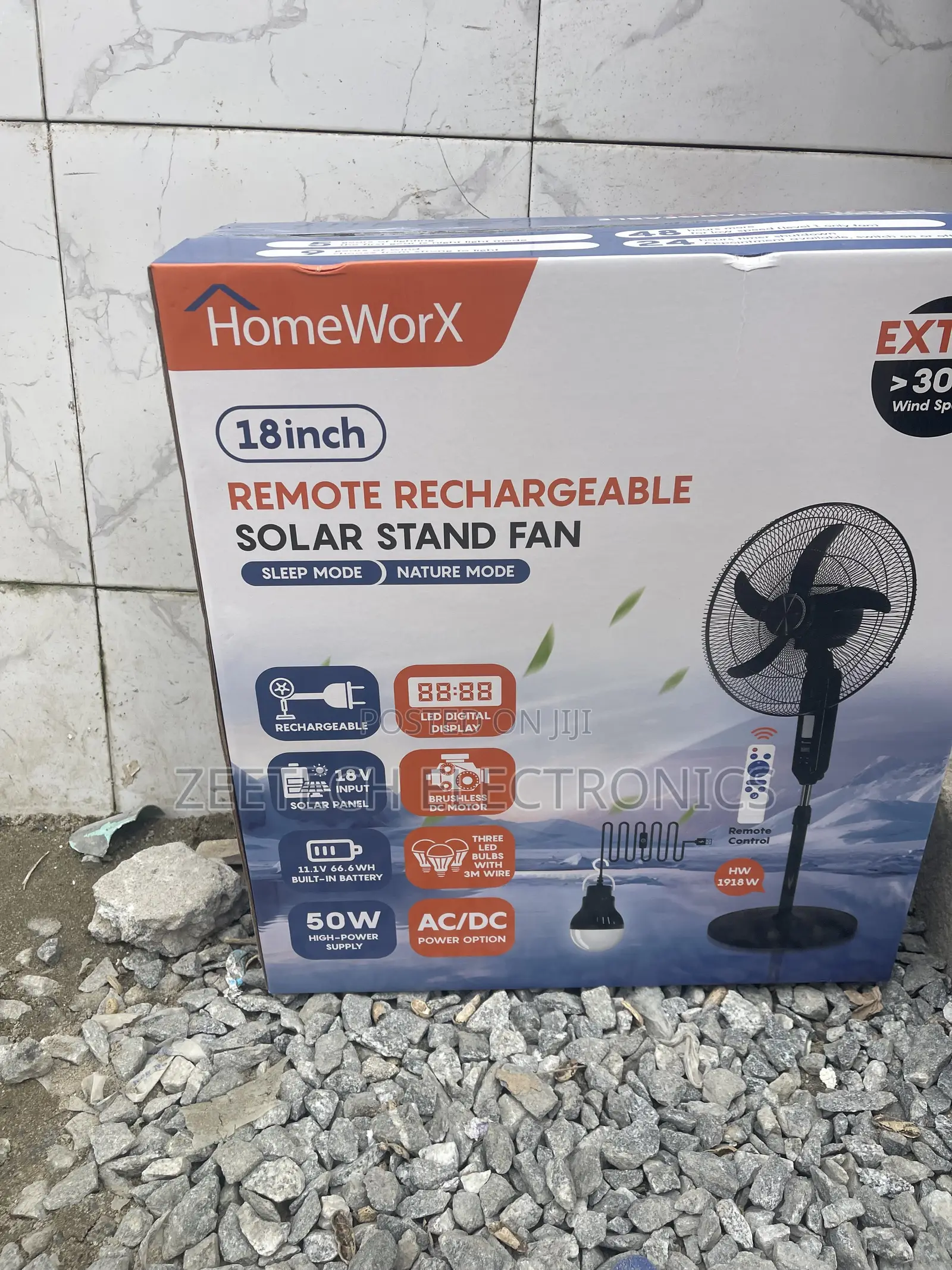 HomeWorX 18-Inch Remote Rechargeable Solar Stand Fan