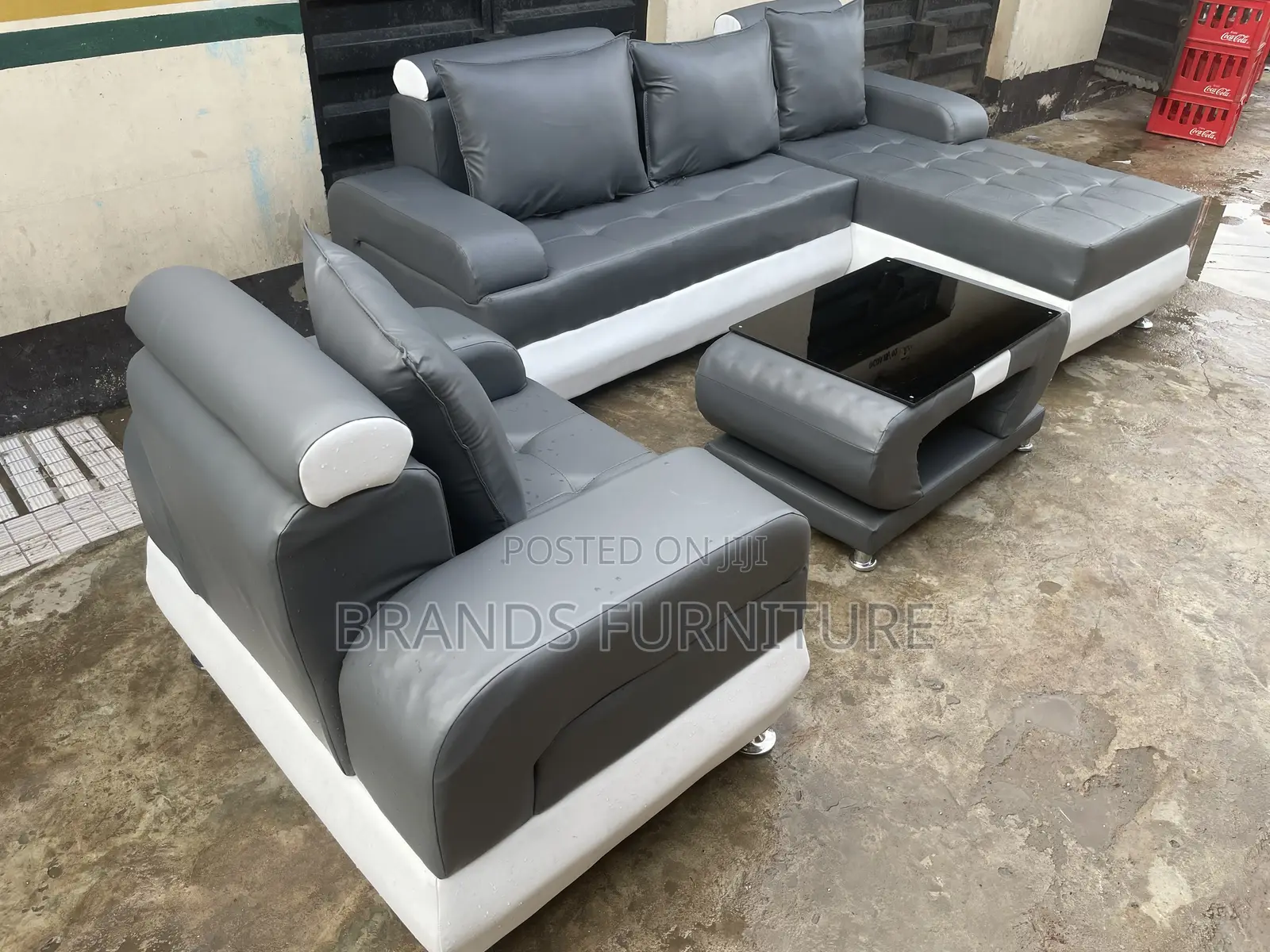 Gray N White Leather Lshap Sofa With Center Table N Single Seater