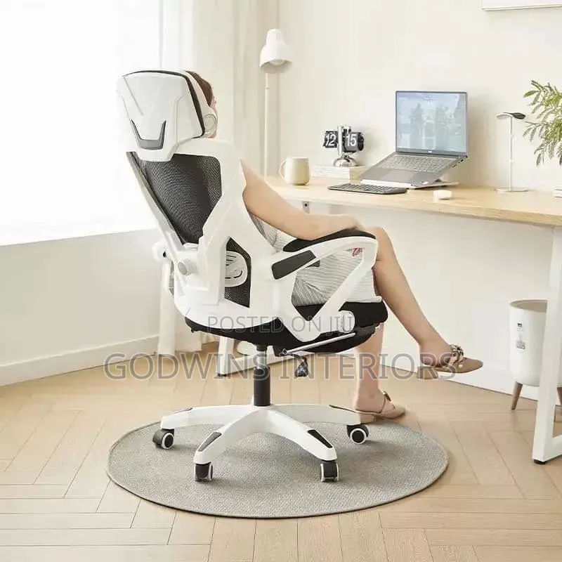 Luxury Ergonomic Office Chair With Retractable Footrest – White Black