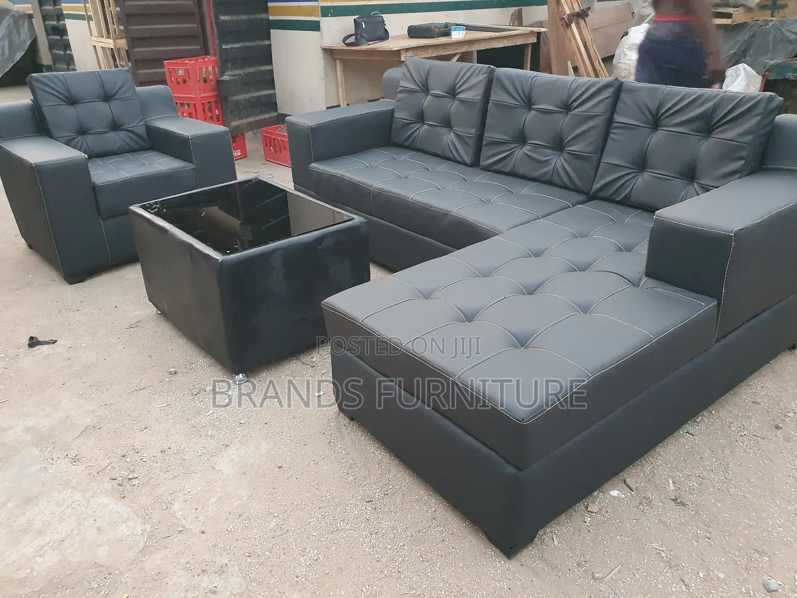 Quality Black Leather Sofa Lshap With Center Table N Single Seater
